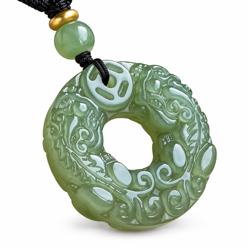 Green Pixiu Donut Pendant Necklace — carving close-up