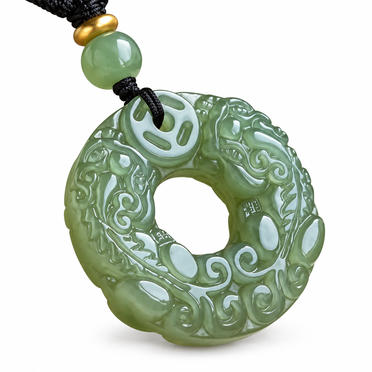 Green Pixiu Donut Pendant Necklace — carving close-up