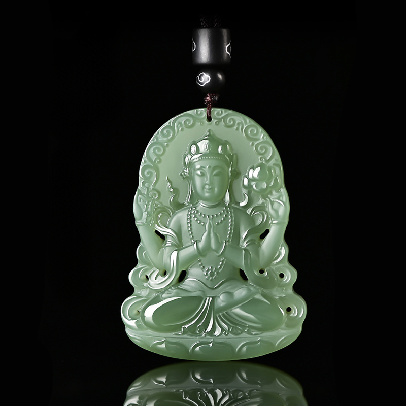 Authentic Hetian Jade Four-Armed Guanyin Pendant | Ice Green Nephrite Amulet