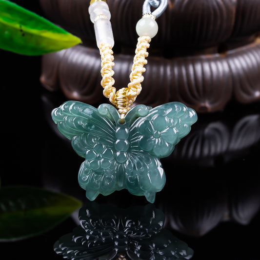 Authentic A type Icy Blue Water Jadeite Butterfly Pendant | Floral Carved Jade Necklace