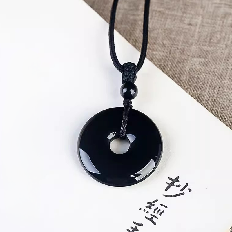 Natural Black Obsidian Donut Pendant Necklace | Ping An Kou Protection Amulet