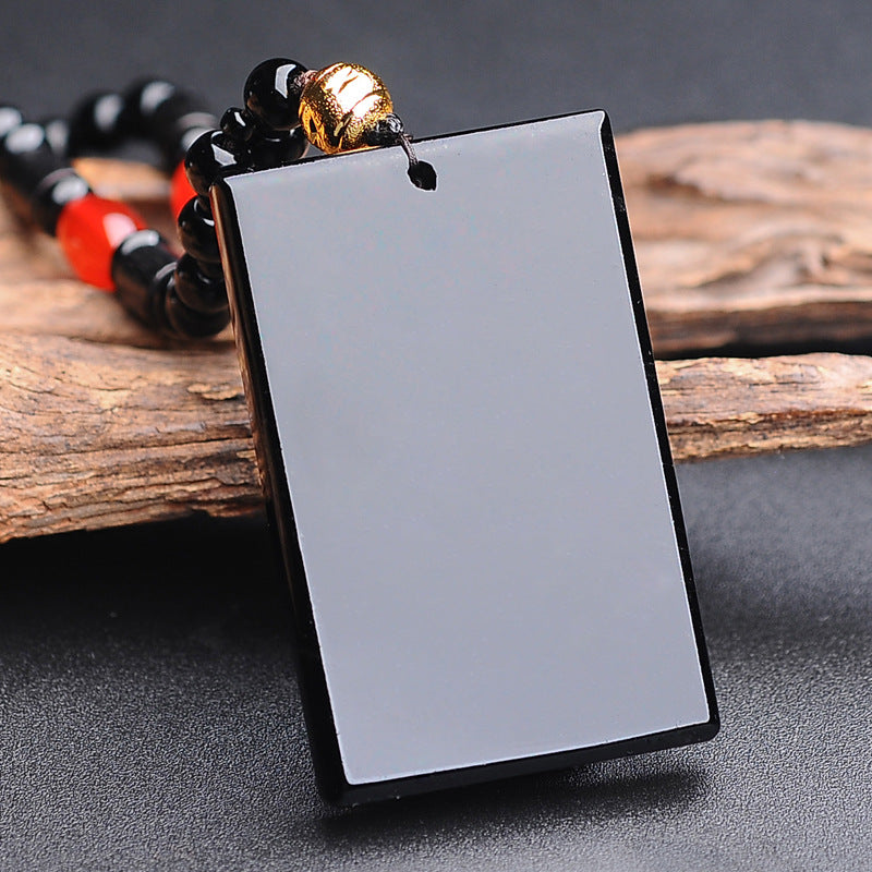 Natural Black Obsidian Minimalist Plaque Pendant | "Wushi Pai" Protection Amulet