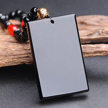 Natural Black Obsidian Minimalist Plaque Pendant | "Wushi Pai" Protection Amulet