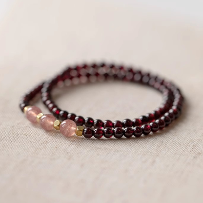 Natural Wine Red Garnet Double Wrap Bracelet with Pink Quartz | Dainty Crystal Jewelry