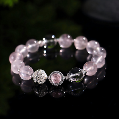 Natural Rose Quartz Beaded Bracelet with Silver Charms | Healing Crystal Jewelry