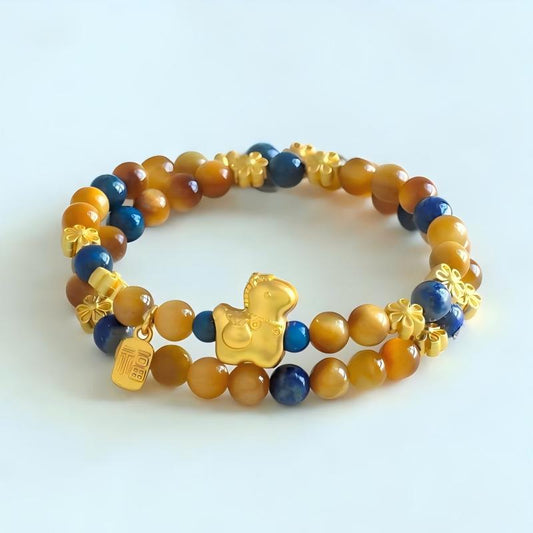 Natural Golden Tiger Eye Double Wrap Bracelet with Fortune Charms | Protection & Wealth Jewelry