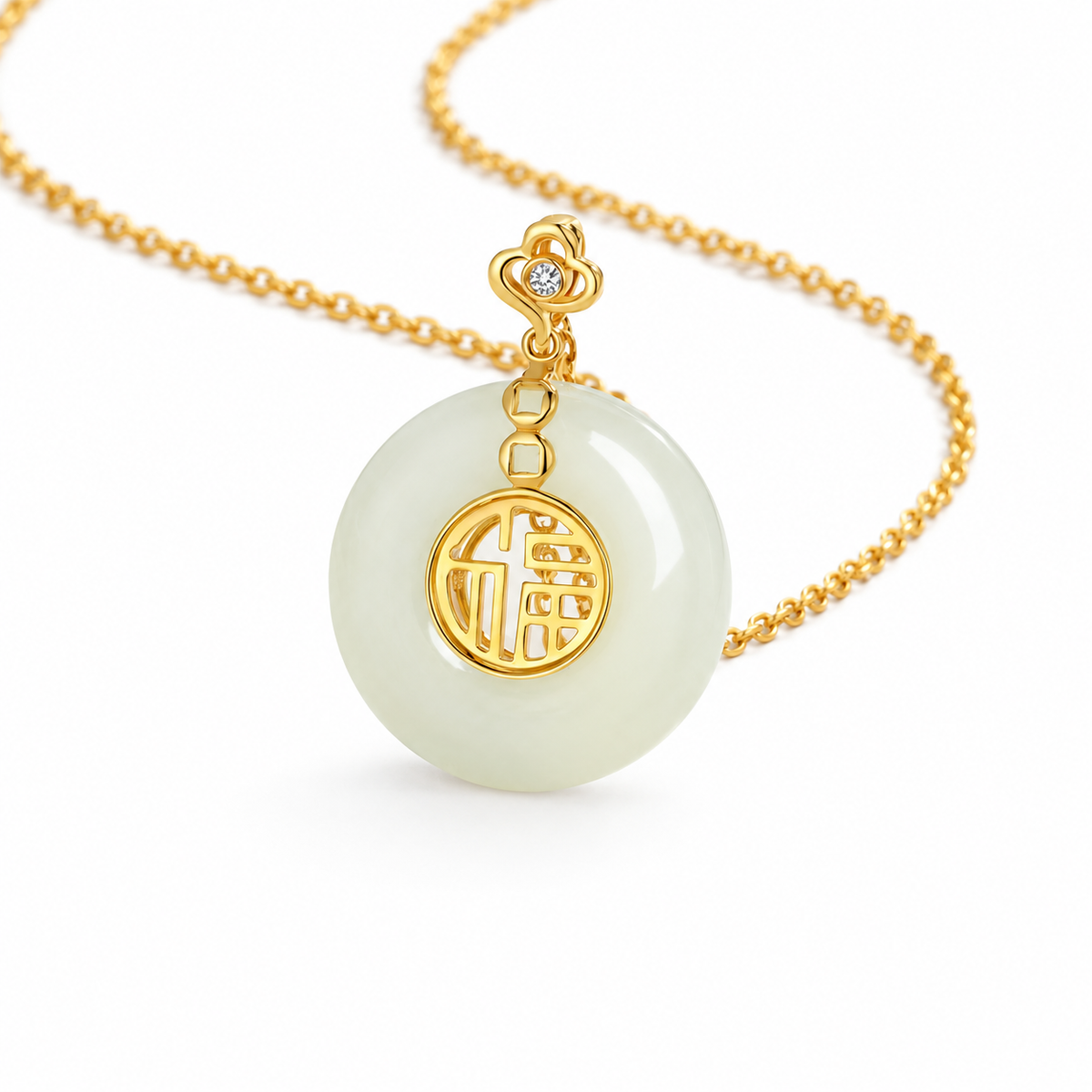 White Donut Pendant with Gold-Tone Fu Motif — alternate view