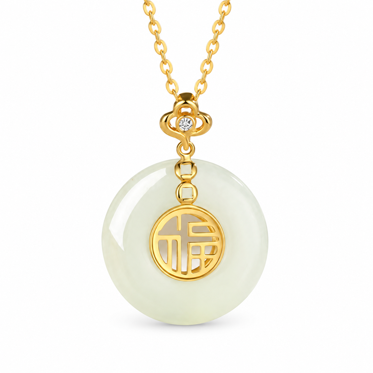 White Donut Pendant with Gold-Tone Fu Motif — angled view