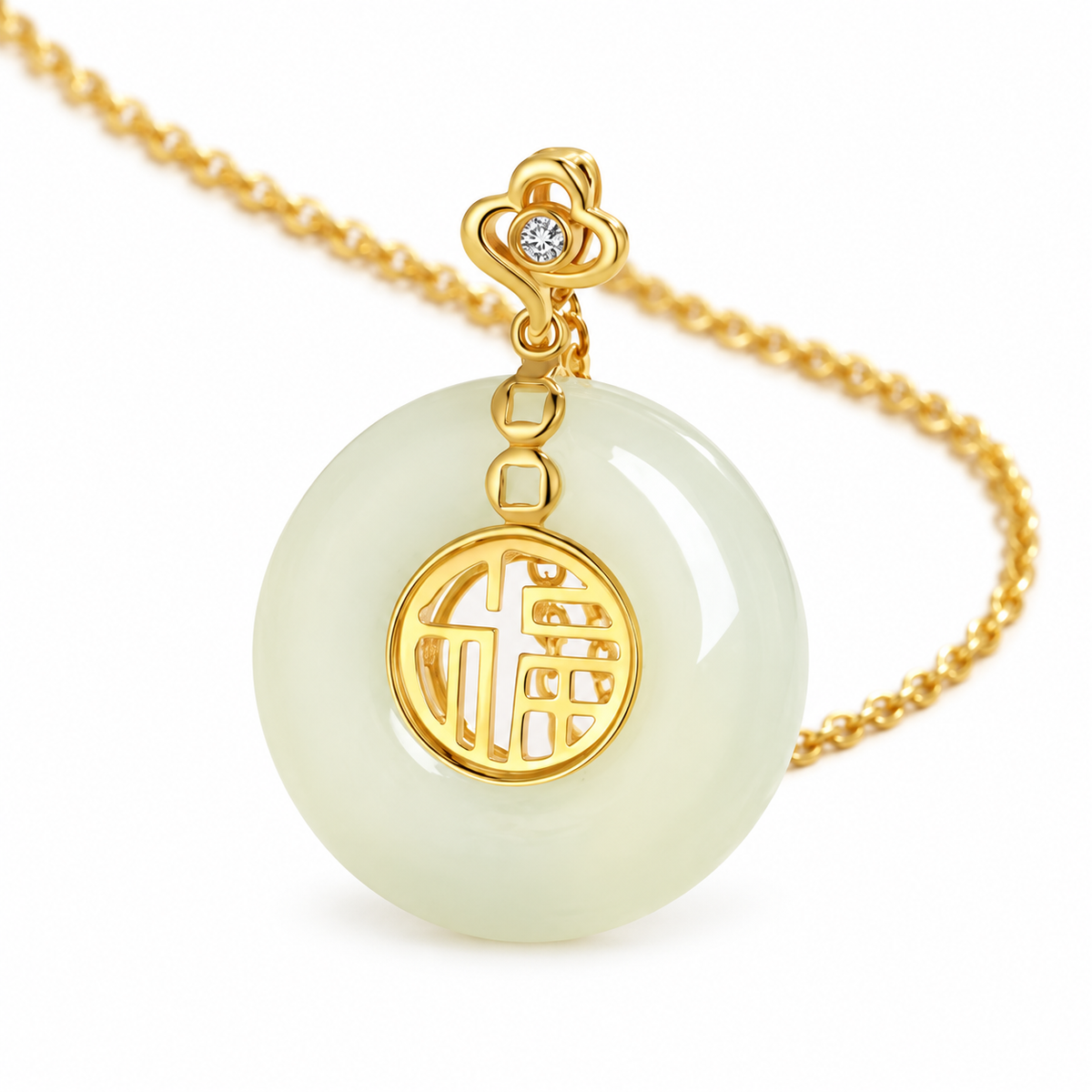 White Donut Pendant with Gold-Tone Fu Motif — detail view
