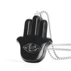 Black Hamsa Eye Pendant Necklace — angled view
