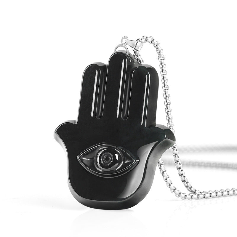 Black Hamsa Eye Pendant Necklace — angled view