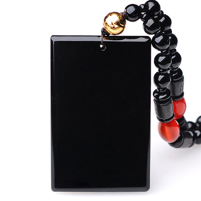 Natural Black Obsidian Minimalist Plaque Pendant | "Wushi Pai" Protection Amulet