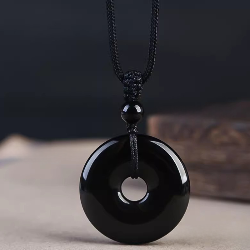 Natural Black Obsidian Donut Pendant Necklace | Ping An Kou Protection Amulet