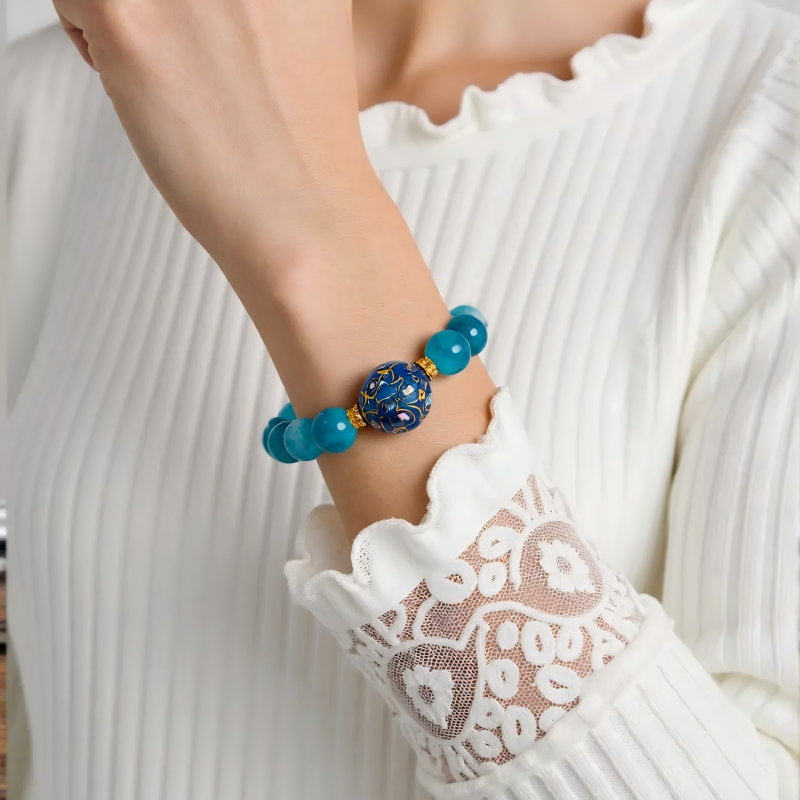 Natural Blue Chalcedony Beaded Bracelet with Handmade Lacquer Bead | Vintage Artistic Jewelry