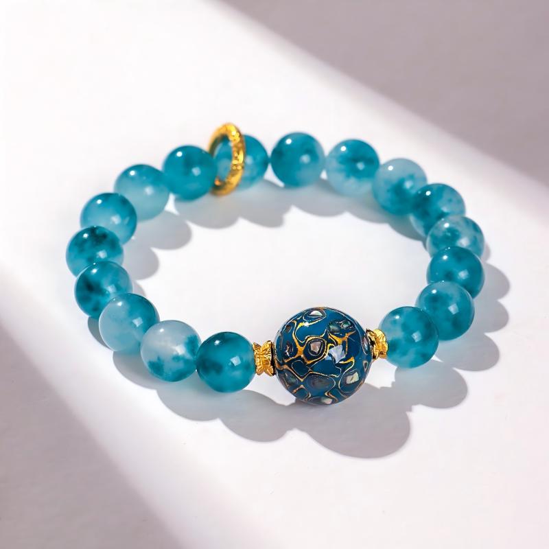 Natural Blue Chalcedony Beaded Bracelet with Handmade Lacquer Bead | Vintage Artistic Jewelry
