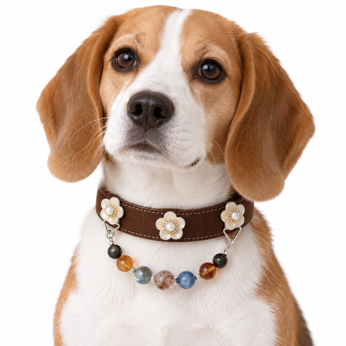 Blue Dusk Blossom Beaded Pet Collar - AI pet wearing styling illustration