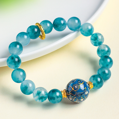 Natural Blue Chalcedony Beaded Bracelet with Handmade Lacquer Bead | Vintage Artistic Jewelry