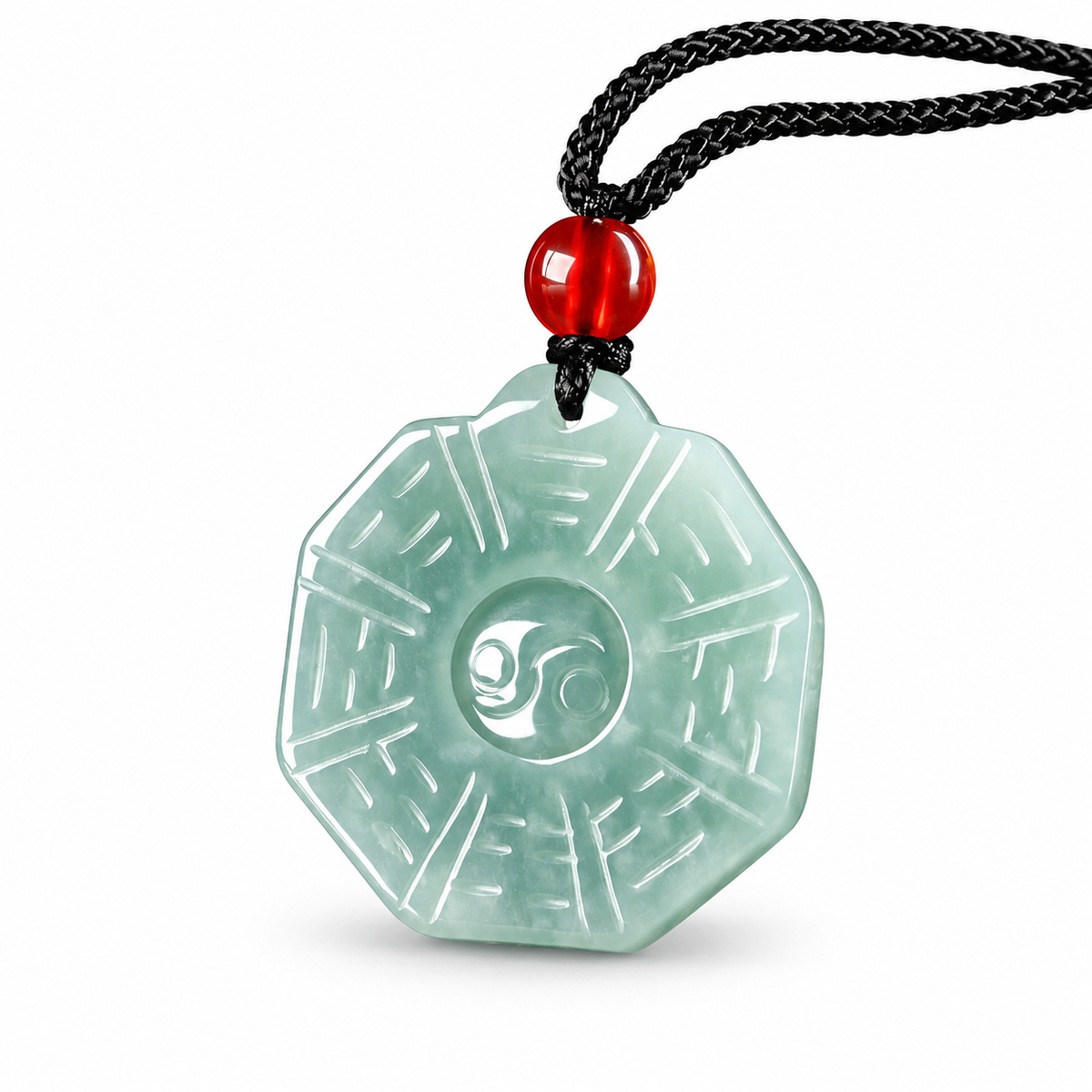 Blue Green Bagua Pendant Cord Necklace — angled view