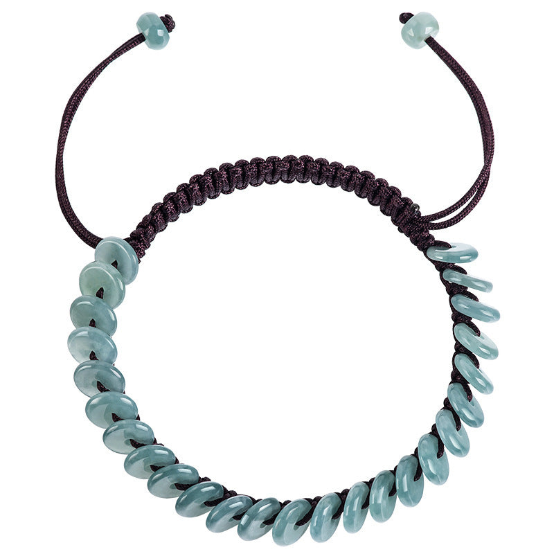 Blue Green Disc Bead Cord Bracelet - angled view on white