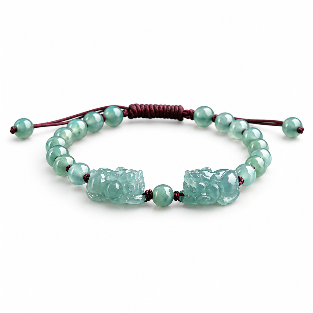 Blue Green Double Pixiu Bead Bracelet - angled view on white