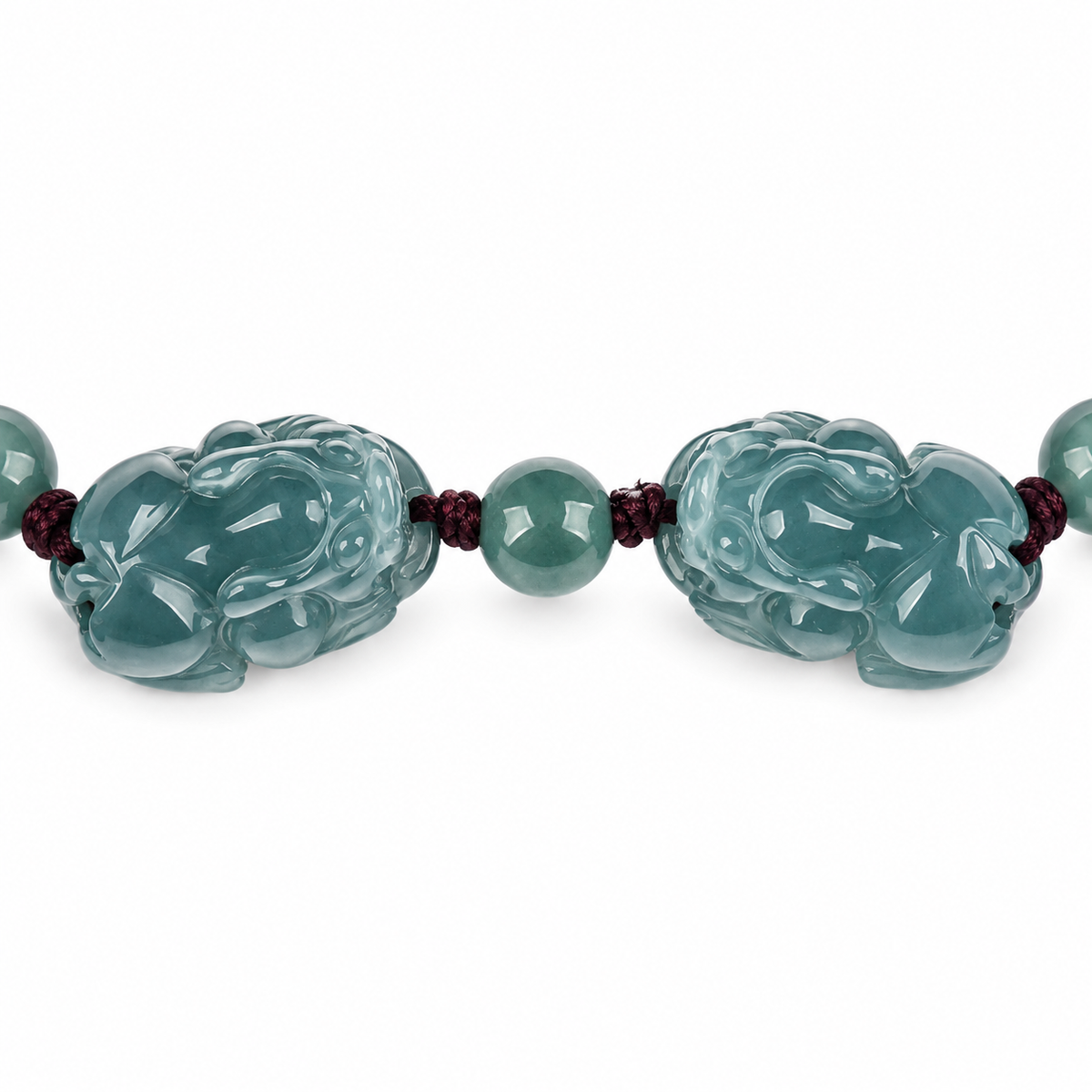 Blue Green Double Pixiu Bead Bracelet - centerpiece detail on white