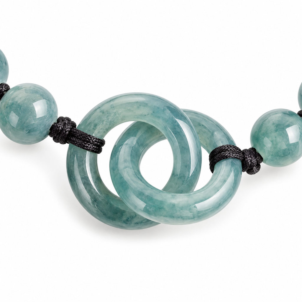 Blue Green Double Ring Bead Bracelet - centerpiece detail on white
