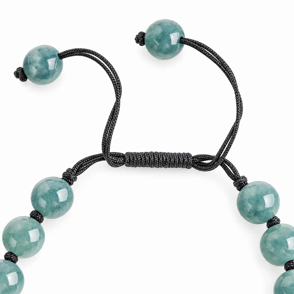 Blue Green Double Ring Bead Bracelet - cord and bead detail on white