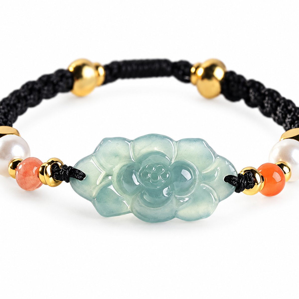 Blue Green Lotus Braided Bracelet - centerpiece detail on white