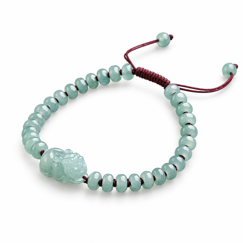 Blue Green Pixiu Rondelle Bracelet - angled view on white