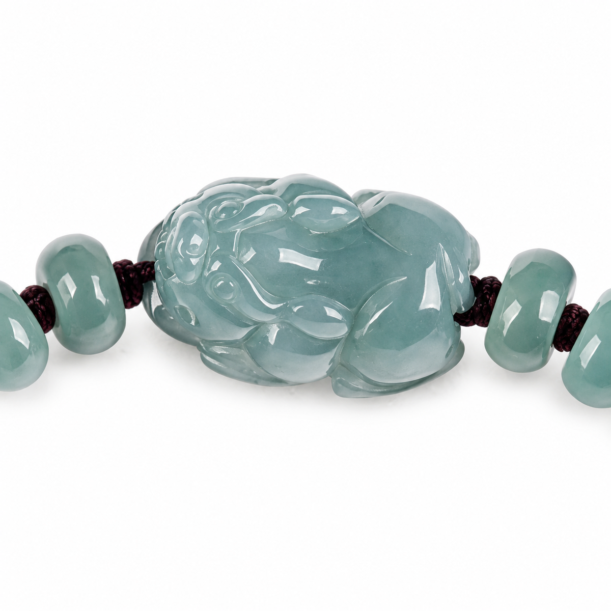 Blue Green Pixiu Rondelle Bracelet - centerpiece detail on white