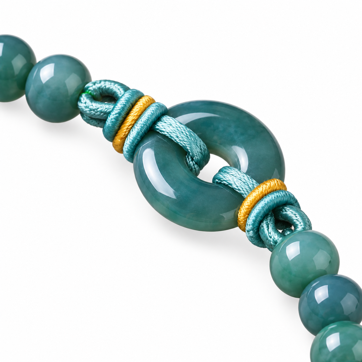 Blue Green Ring Bead Bracelet - centerpiece detail on white