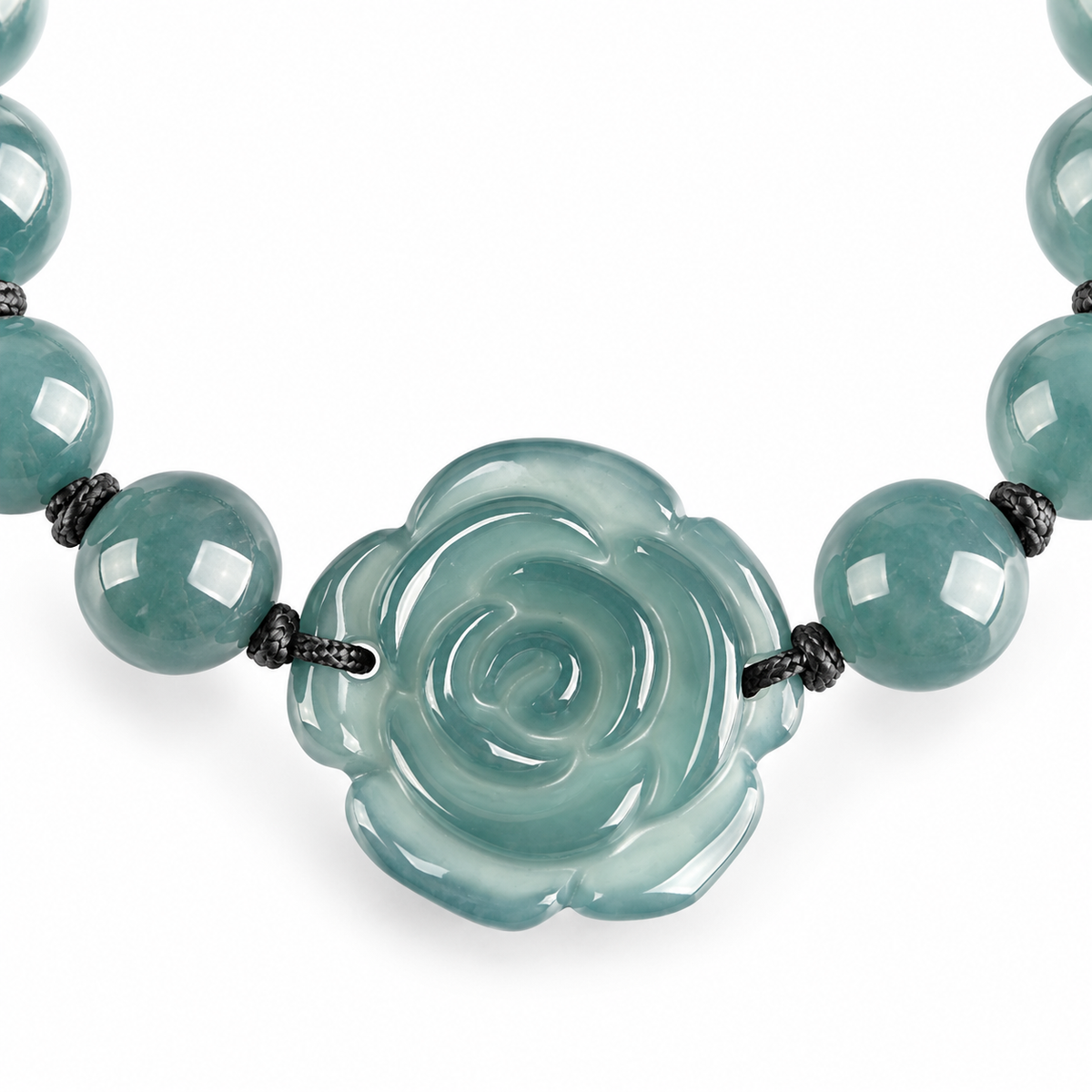 Blue Green Rose Bead Bracelet - centerpiece detail on white