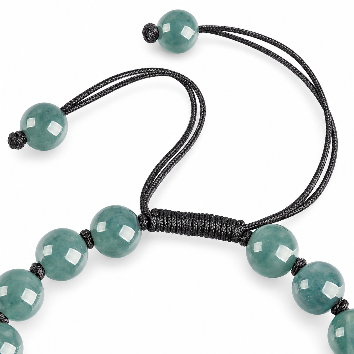 Blue Green Rose Bead Bracelet - cord and bead detail on white
