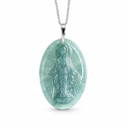 Blue Green Virgin Mary Oval Pendant Necklace — chain front view