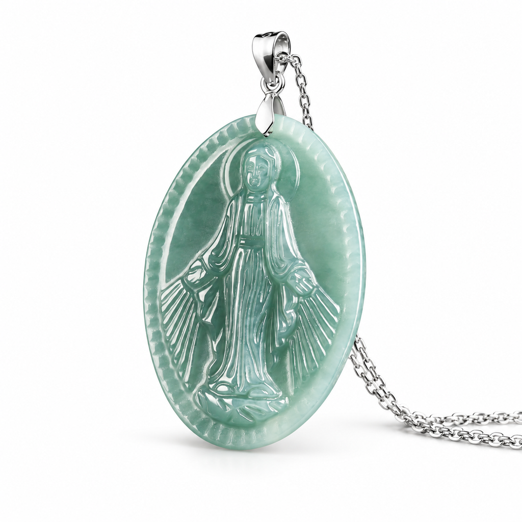 Blue Green Virgin Mary Oval Pendant Necklace — chain angled view