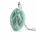 Blue Green Virgin Mary Oval Pendant Necklace — chain angled view