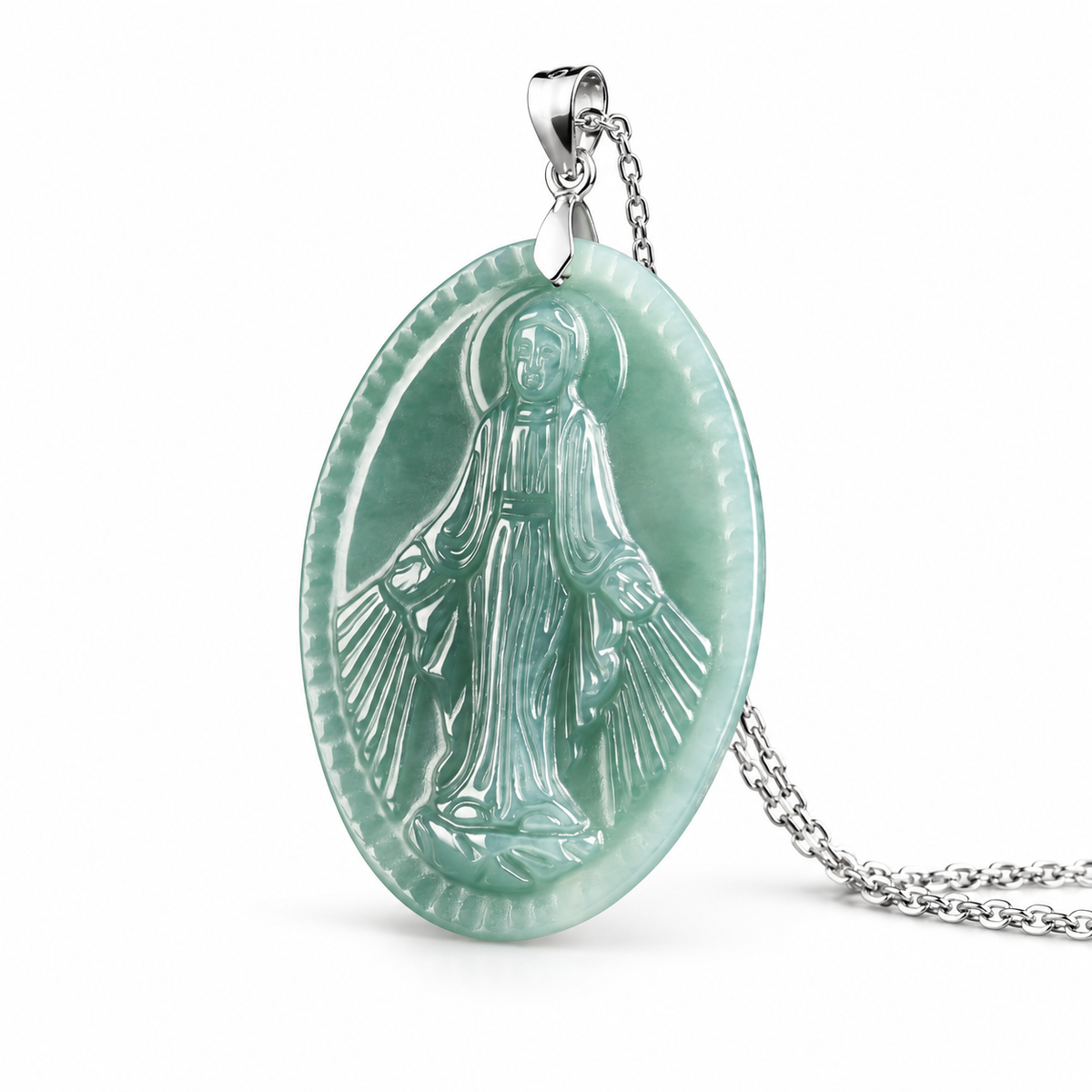 Blue Green Virgin Mary Oval Pendant Necklace — chain angled view