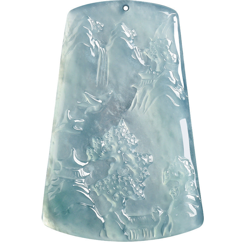 Blue Landscape Carved Pendant Cord Necklace — carved front detail