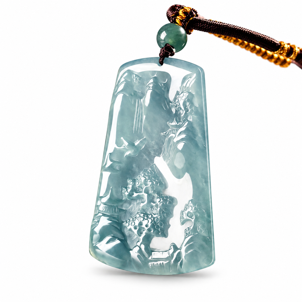 Blue Landscape Carved Pendant Cord Necklace — angled view