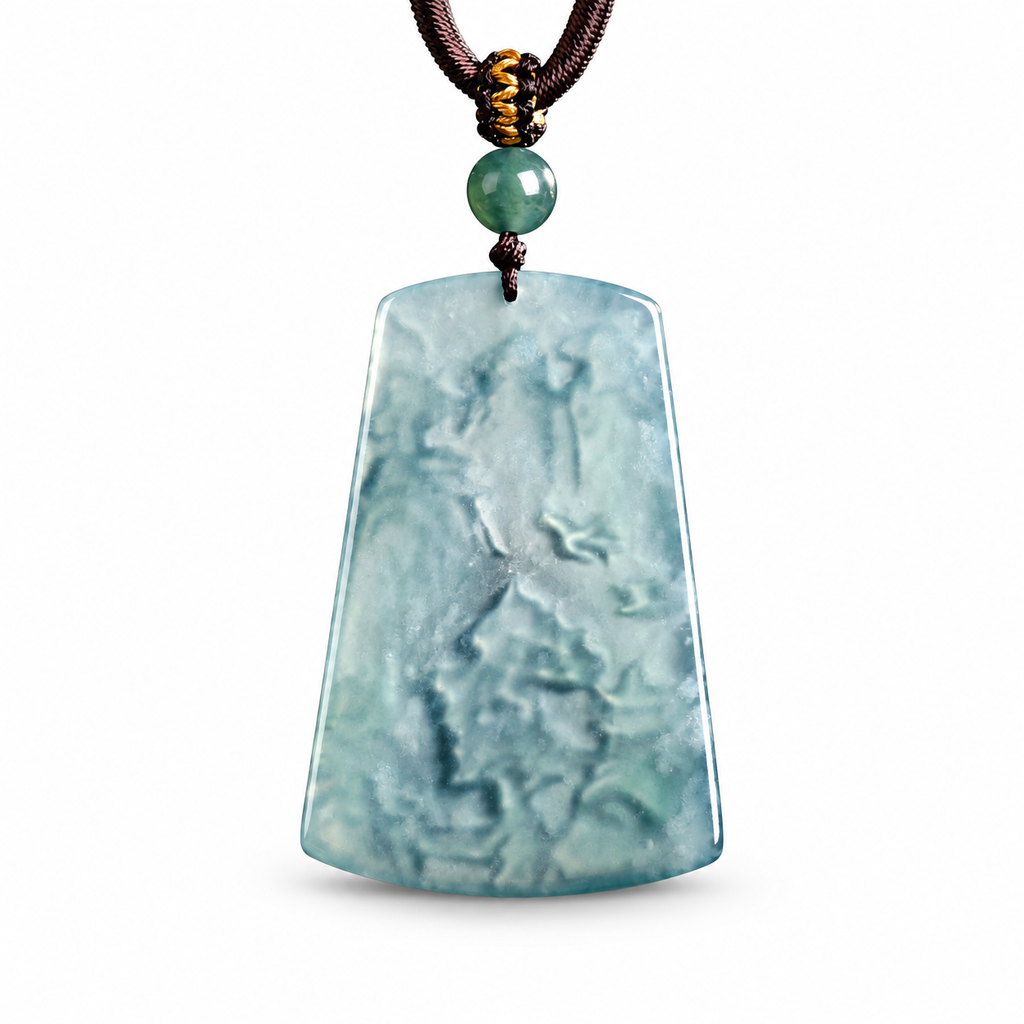 Blue Landscape Carved Pendant Cord Necklace — reverse view