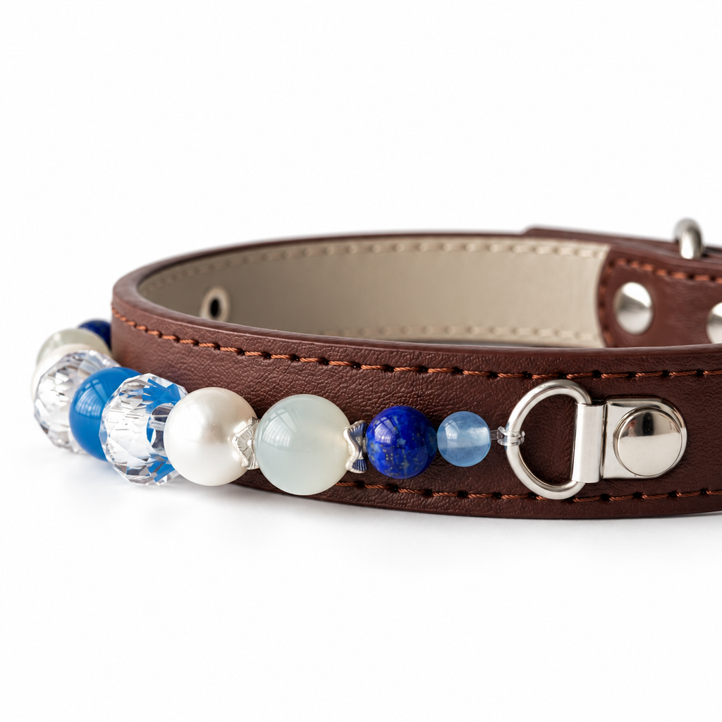 Blue Pearl Beaded Pet Collar - bead and strap detail