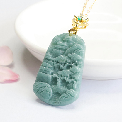 Authentic Grade A Jadeite "Shan Shui" Landscape Pendant | Blue Water Jade Necklace