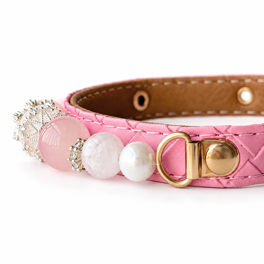Blush Crown Beaded Pet Collar - bead and strap detail