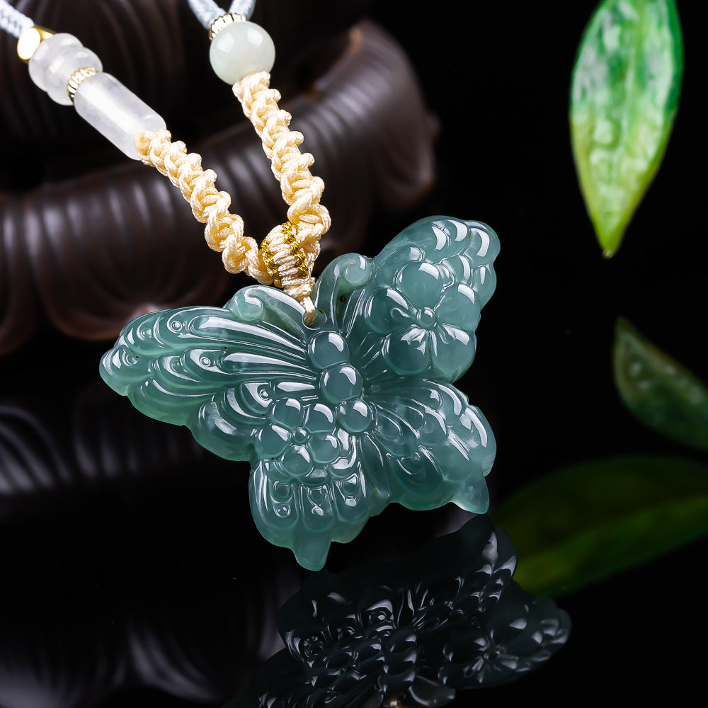 Authentic A type Icy Blue Water Jadeite Butterfly Pendant | Floral Carved Jade Necklace