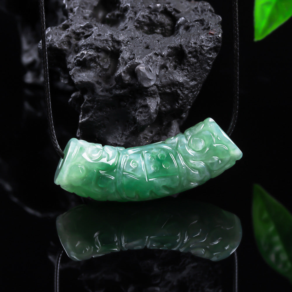 Authentic A type Jadeite Curved Tube Pendant | Auspicious Cloud & Fortune Necklace
