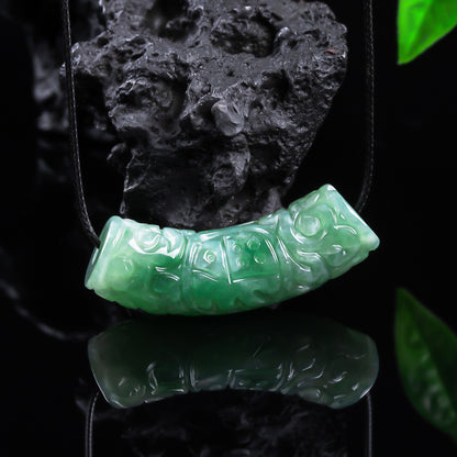 Authentic A type Jadeite Curved Tube Pendant | Auspicious Cloud & Fortune Necklace