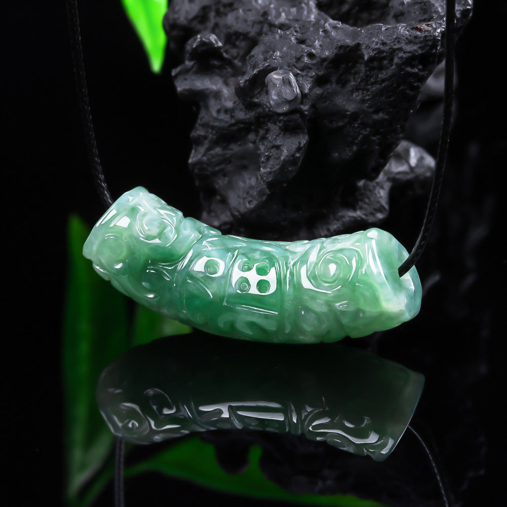 Authentic A type Jadeite Curved Tube Pendant | Auspicious Cloud & Fortune Necklace