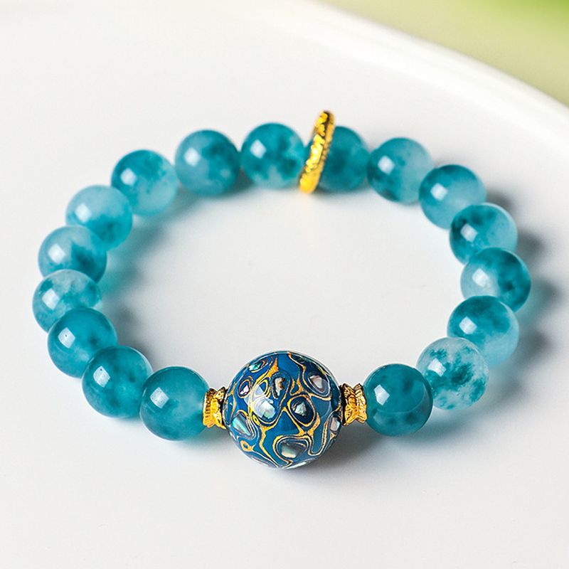 Natural Blue Chalcedony Beaded Bracelet with Handmade Lacquer Bead | Vintage Artistic Jewelry