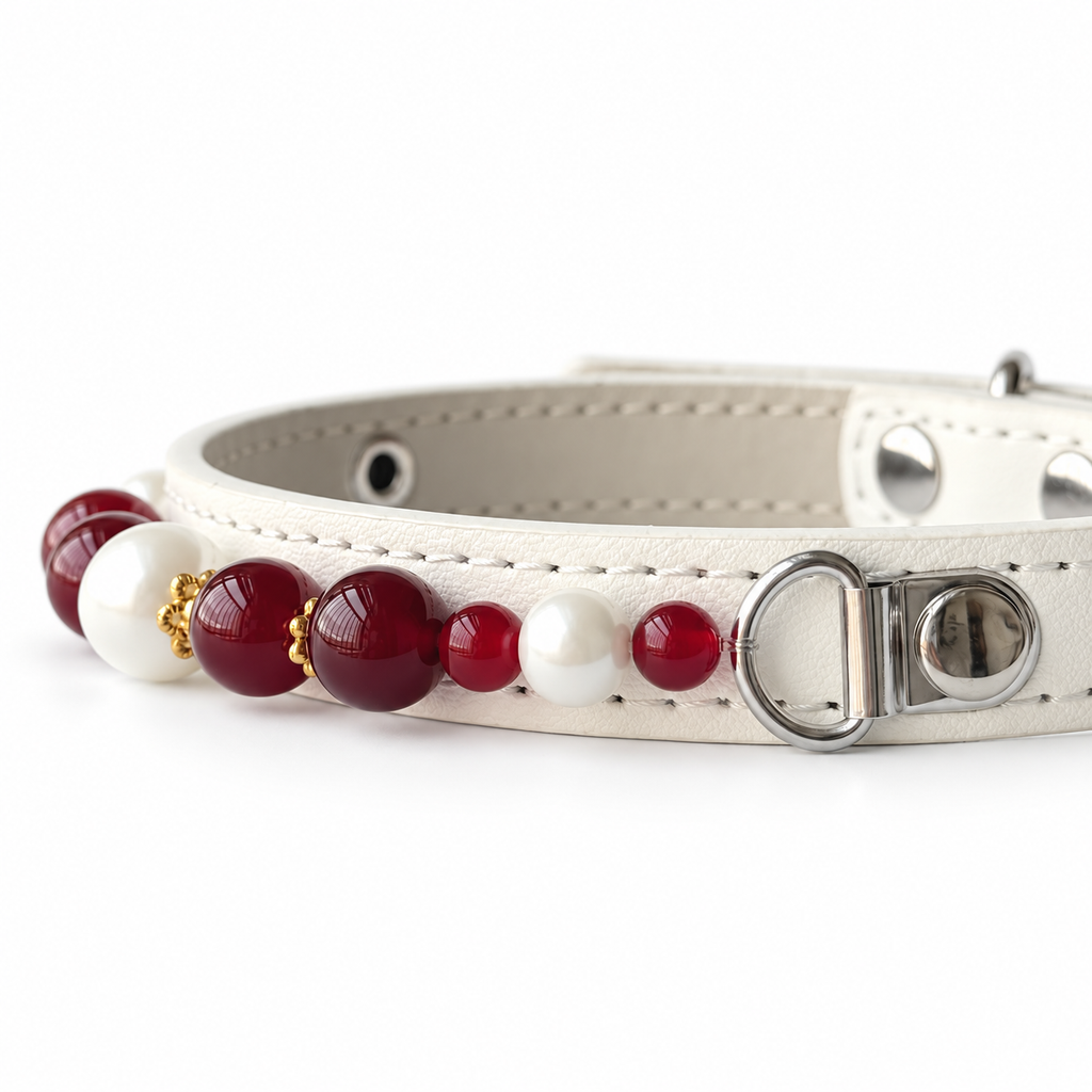 Cherry Pearl Beaded Pet Collar - bead and strap detail