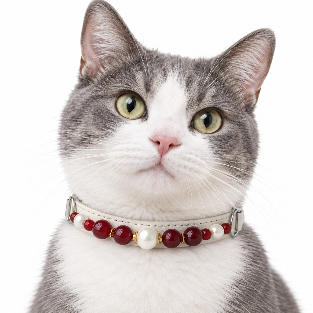 Cherry Pearl Beaded Pet Collar - AI pet wearing styling illustration